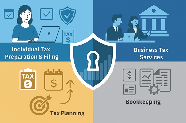 A rectangular infographic for URETA CPA, LLC visually representing four core services: Individual Tax Preparation & Filing (sky blue quadrant with a person at a laptop), Business Tax Services (navy blue quadrant with a business team and classical building), Tax Planning (gold quadrant with calculator, calendar, and upward arrow), and Bookkeeping (slate gray quadrant with financial documents and gear icon). A central shield with a keyhole symbolizes data security and trust.